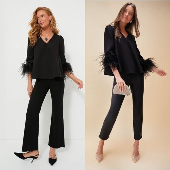 Tuckernuck Black V-Neck Blouse with Feather Trim Cuffs - Picture 2 of 12